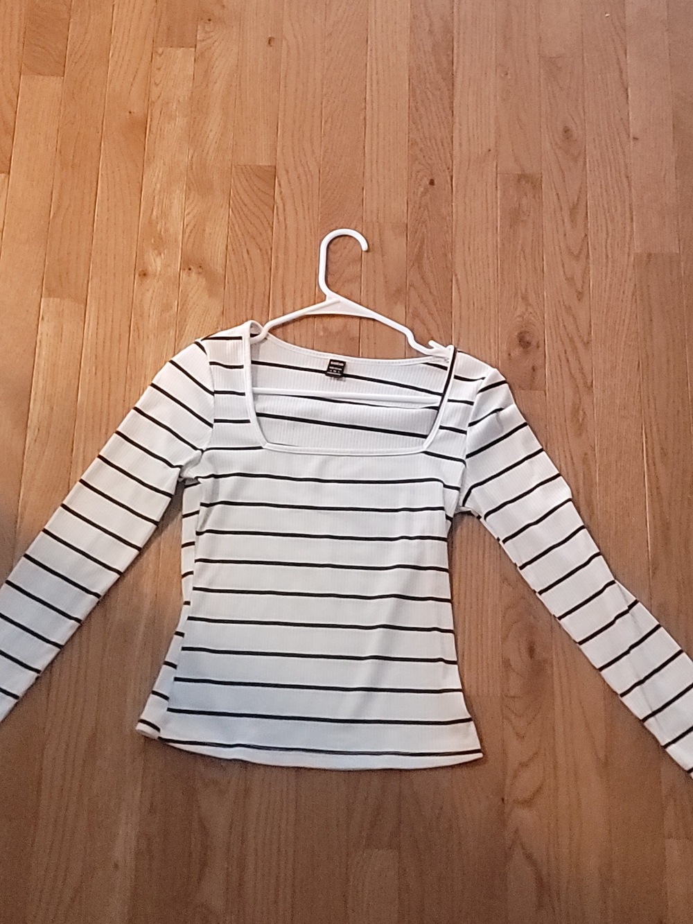 SHEIN Sm White Long Sleeve Square-Neck Striped Top